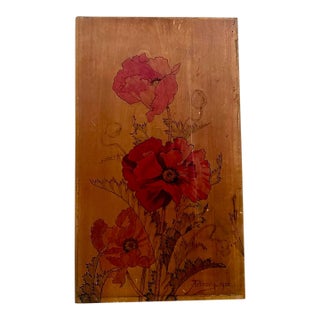 1903 French Art Nouveau Pyrography and Hand-Painted Wood Panel by Abel Trinocq, Signed and Dated. For Sale