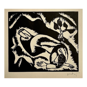 Reuven Rubin, Rare 1923 Cubist Reuven Rubin Woodcut Woodblock Print Israeli Hasidic Judaica