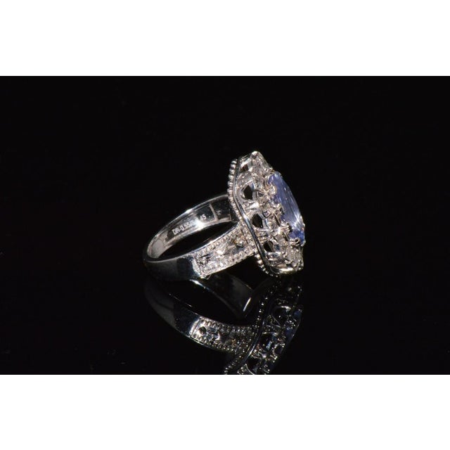 Art Deco Gia Certified Natural 4cts vs F Diamond No Heat Violet Sapphire 18k Gold Art Deco Etruscan Halo Ring, Size 5.5 For Sale - Image 3 of 10