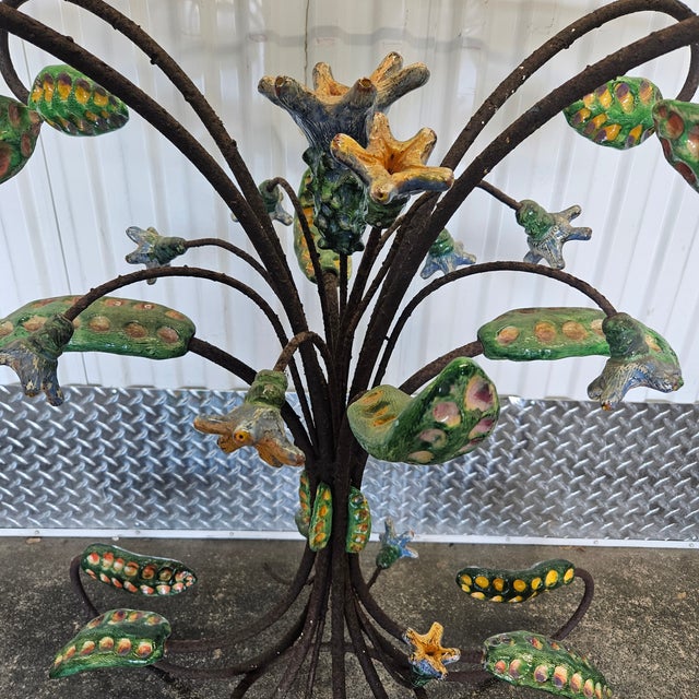 Metal Late 20th Century Vintage Wrought Iron and Ceramic Floral Table For Sale - Image 7 of 11