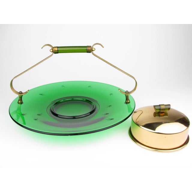 Vintage 1940s Paden City Emerald Glo Green Glass and Brass Tray or Serving Platter by National Silver Company For Sale In Chicago - Image 6 of 12
