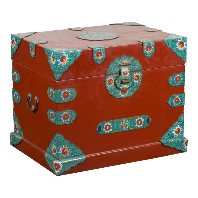 Chinese Vintage Blanket Chest with Red Lacquer and Cloisonné Floral Décor For Sale