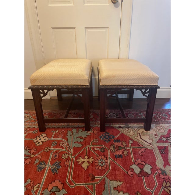 Chinoiserie Pair of Drexel Chippendale Style Chinoiserie Stools For Sale - Image 3 of 8