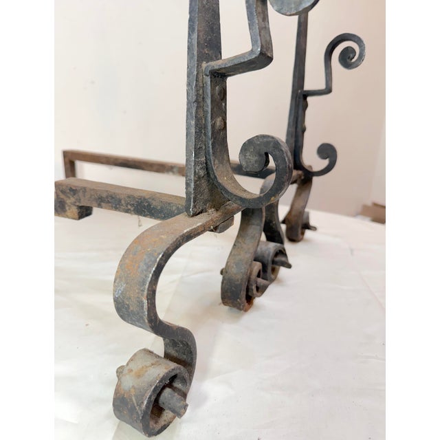 Rare Antique 19th Century Hand Wrought Iron Fireplace Firedogs Black Andirons For Sale - Image 9 of 13