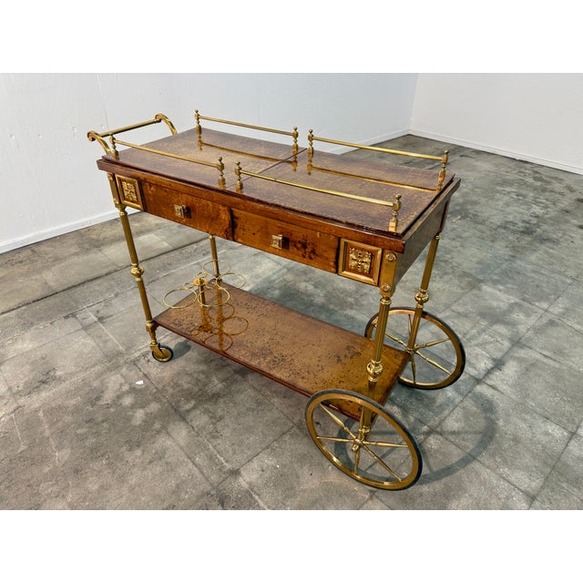 Wood Italian Burl Wood and Brass Bar Cart, 1950s For Sale - Image 7 of 15