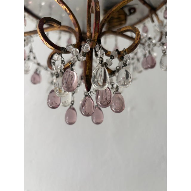 1930s French Beaded Lavender and Clear Drops Flush Mount Chandelier For Sale - Image 5 of 8