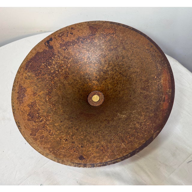 1990s Large Eva 96' Mid Century Modern Hammered Copper Glass Footed Centerpiece Bowl For Sale - Image 5 of 11