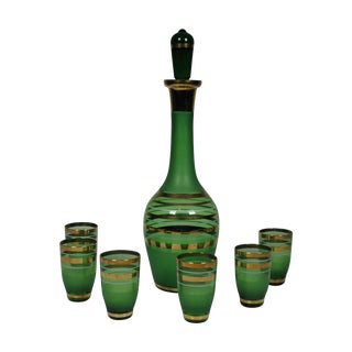 1960's Green Glass Bohemian Decanter Set For Sale