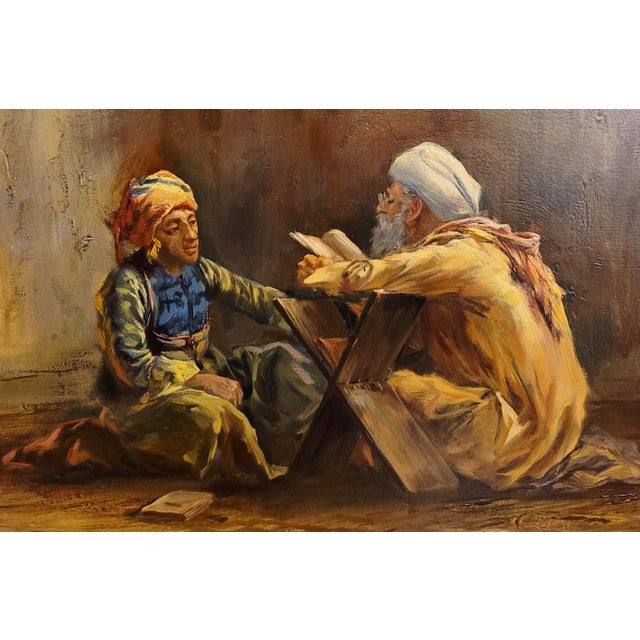 Max Rabes -Old Patriarch Reading the Koran to a Young Man-Orientalist Oil Painting For Sale In Los Angeles - Image 6 of 9