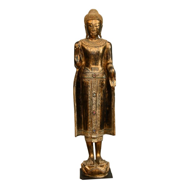 Carved Burmese Buddha Statue in Giltwood, 1950s For Sale
