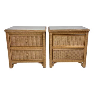 Pair of Henry Link for Lexington Woven Rattan Nightstands With Glass Tops – British Colonial / Palm Beach Style For Sale