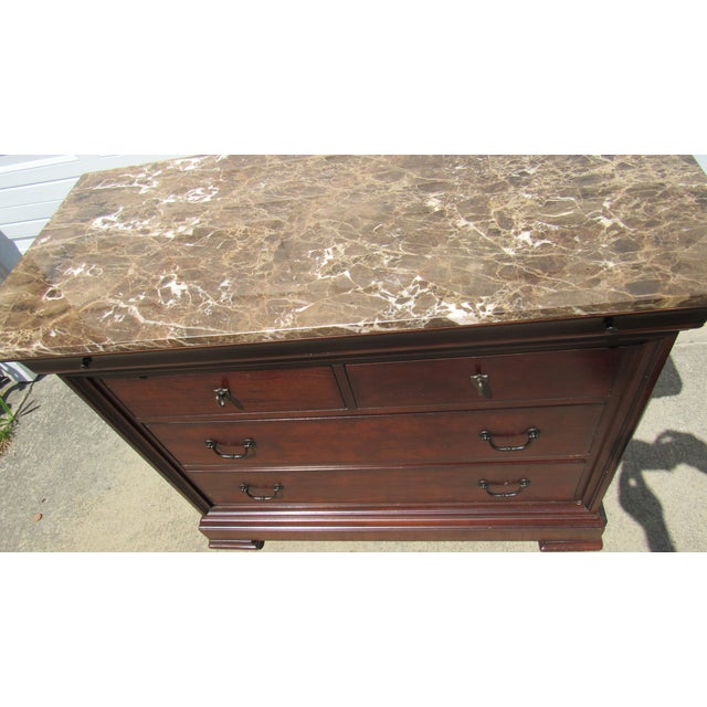 1980s Thomasville Cherry Marble Top Tall Chest Dresser Designer For Sale - Image 6 of 12