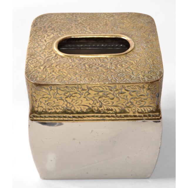 Boho Chic 1970s Bohemian Hand Embossed Jewelry Gold Silver Tissue Box Cover Veratex India For Sale - Image 3 of 14