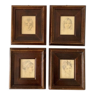 Vintage Young Girl Pencil Portrait Drawing Print on Silk by Rene David Florence Italy Framed Small Wall Decor - Set of 4 For Sale