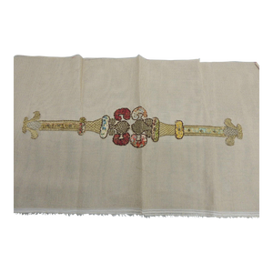 Antique Italian Transfer Applique on Sheer Linen Fabric Panel