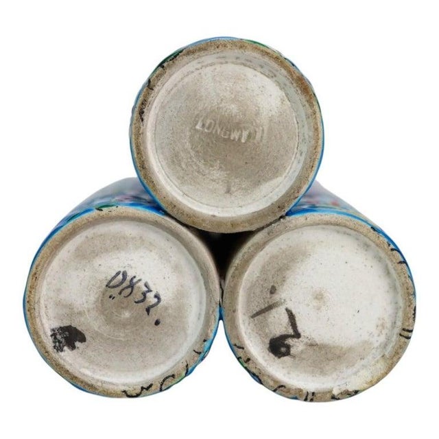 Blue French Longwy Pottery Floral Decorated Triple Bud Vase, Signed, C1900 For Sale - Image 8 of 10
