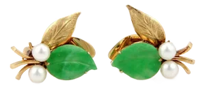 Jade Pearls Flower & Leaves 14k Yellow Gold Clip on Earrings - 2 Pieces