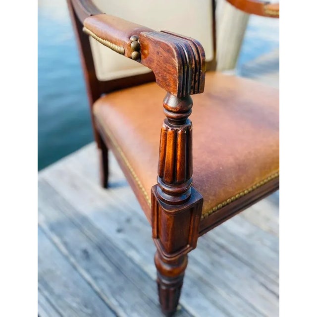 Wood Ralph Lauren Classic Vintage Carved Wood Accents Arm Chairs With Traditional Cognac Leather Seats - A Pair For Sale - Image 7 of 11