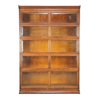 Antique Five Section Oak Barrister Bookcase With Beveled Glass For Sale