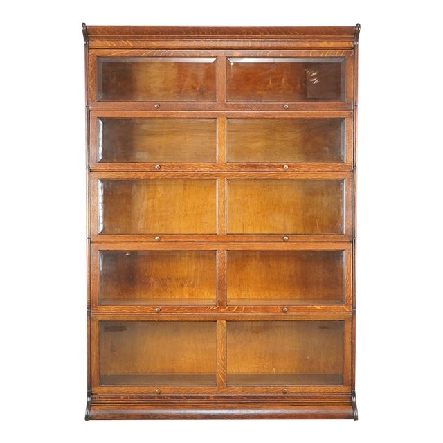 Antique Five Section Oak Barrister Bookcase With Beveled Glass For Sale