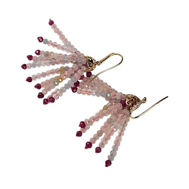 14k Yellow Gold Diamond Shepherd Hoop Drop Earrings With Ruby, Morganite & Ruby, A Pair For Sale In New York - Image 6 of 6