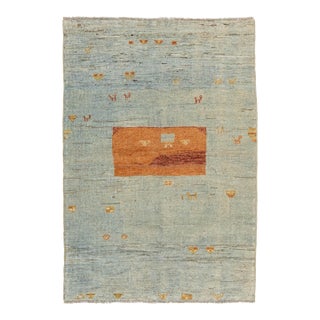 4x6 Modern Hand-Knotted Gabbeh Wool Rug – Vibrant Blue & Sunset Orange Tribal For Sale