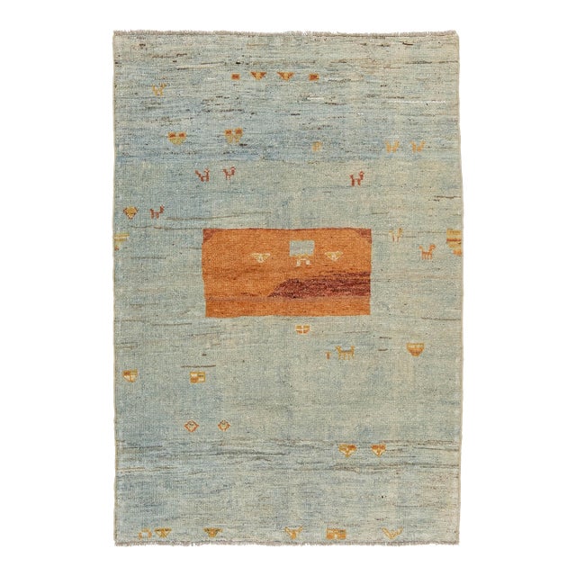 4x6 Modern Hand-Knotted Gabbeh Wool Rug – Vibrant Blue & Sunset Orange Tribal For Sale