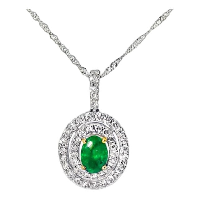 14K White Gold Oval Emerald Diamond Drop Pendant Necklace Estate For Sale