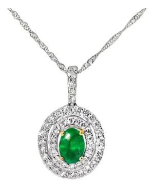 14K White Gold Oval Emerald Diamond Drop Pendant Necklace Estate