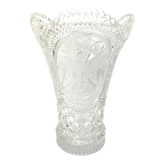 American Brilliant Period Cut Glass Vase: Saw Tooth Rim: Tall: Abp. Etched Deer For Sale