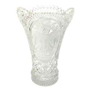 American Brilliant Period Cut Glass Vase: Saw Tooth Rim: Tall: Abp. Etched Deer
