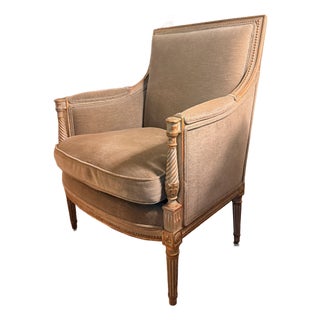 Vintage Velvet Armchair With Green Wash and Gilt Carved Frame For Sale