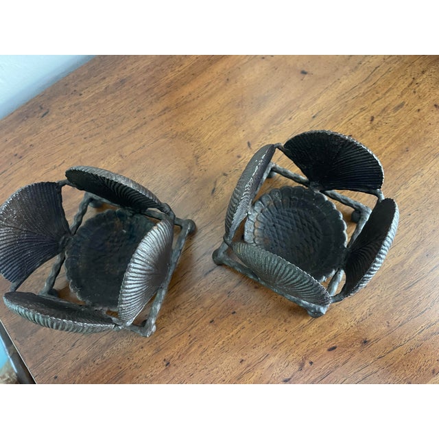 Coffee Vintage Brutalist Cast Metal Shell Candle Holders – Sculptural Organic Modern, a Pair For Sale - Image 8 of 11