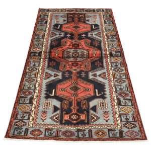 Zanjan Rug 4'3'' X 6'10'' Blue Wool Vintage Tribal Hand-Knotted Oriental Carpet
