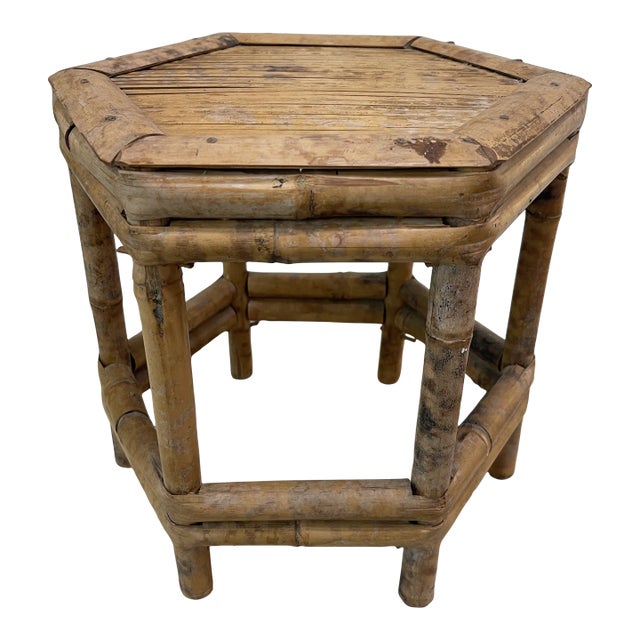 Vintage Tortoise Rattan Hexagonal Plant Stand/Table Riser For Sale