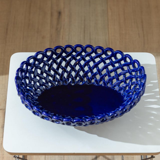 Ceramic Vintage Italian Cobalt Blue Woven Ceramic Centerpiece Basket - 12.5" For Sale - Image 7 of 7