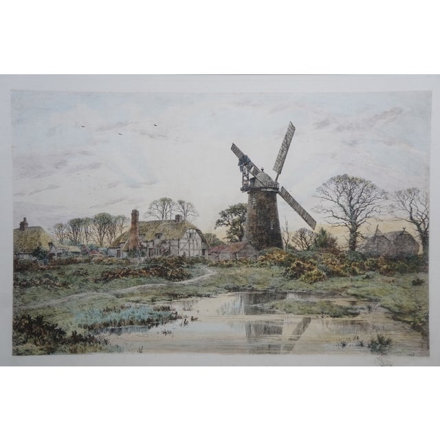 Late 19th Century Antique 1886 Fred Slocombe Surrey England Windmill Landscape Etching 37" For Sale - Image 5 of 12