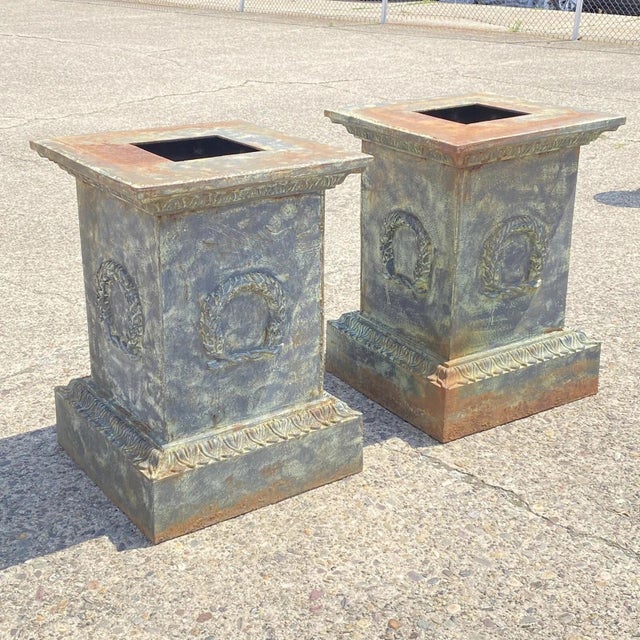 Vintage Neoclassical Cast Iron Wreath Garden Urn Planter Pedestal Base - Pair For Sale - Image 12 of 12