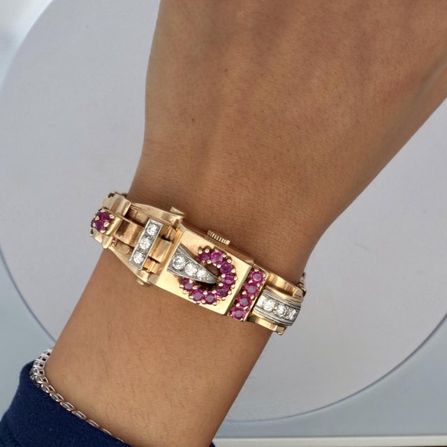 Art Deco Mid 20th Century Mercedes Signed 14k Gold Ruby & Diamond Art Deco Hidden Watch Bracelet For Sale - Image 3 of 14