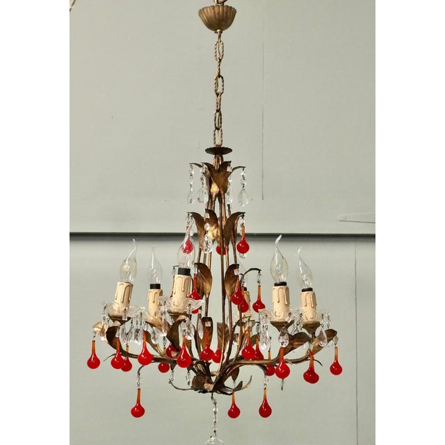 Red Large French Chandelier with Lipstick Red Teardrops, 1950 For Sale - Image 8 of 9