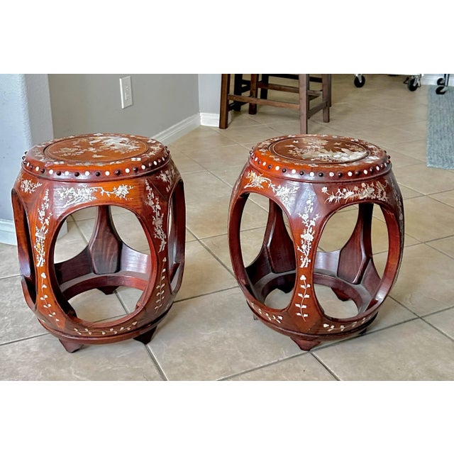 Pair Chinese Rosewood Mother Pearl Inlaid Garden Seat Stools For Sale - Image 12 of 12