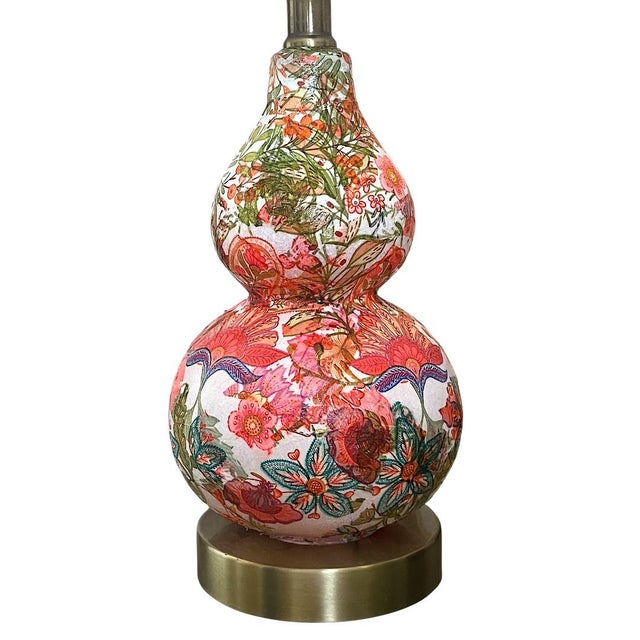 Fun art nouveaux design table lamp in a vibrant Victorian floral pattern akin to William Morris designs. Antique brass...