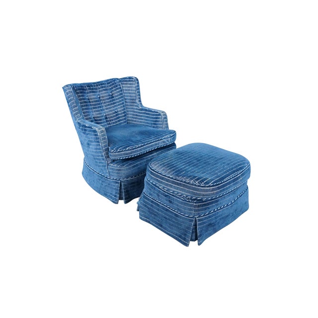 This vintage mid-century lounge set, attributed to the master craftsmen at Baker Furniture (unsigned), features a skirted...