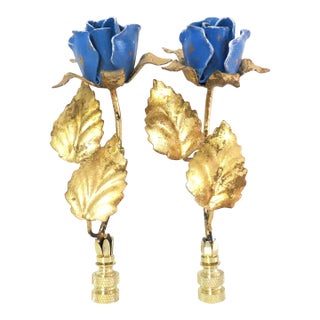 Cornflower Blue Vintage Tole Rose Lamp Finials, a Pair by C. Damien Fox For Sale