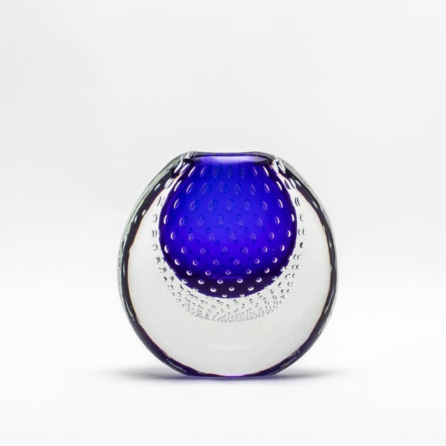 Modern Hand Blown Murano Vase in Cobalt Blue With Bubbles For Sale - Image 3 of 9