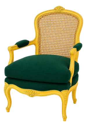 Mid 20th Century French Louis XV Caned Bergère Armchair — Canary Yellow Frame With Emerald Green Cushion Cover