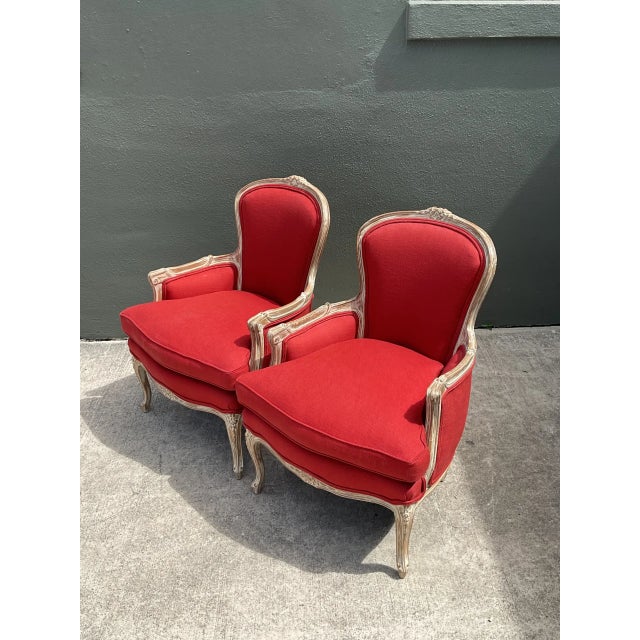 Vintage Carved Wood Upholstered Bergere Chairs - A Pair For Sale - Image 9 of 12