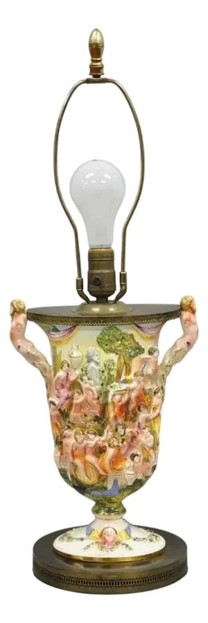 Vintage Italian Capodimonte Porcelain Figural Bacchanal Cherub Mermen Table Lamp