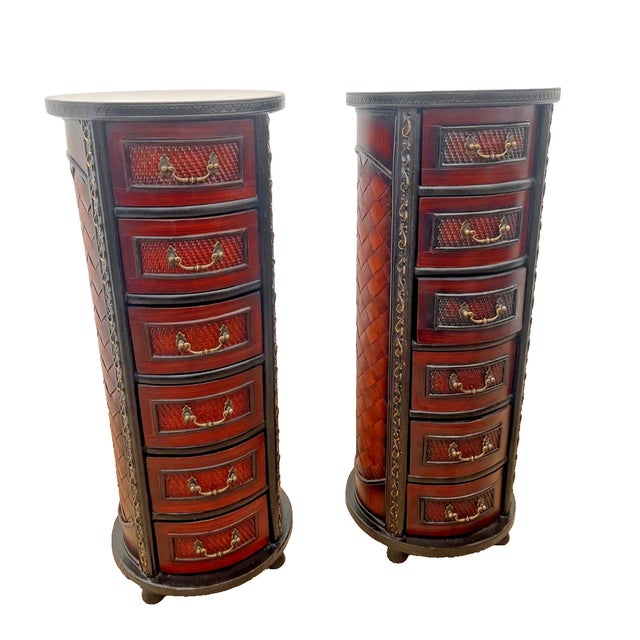 Gorgeous Set of Two Vintage Pair of Round Nightstands, six drawers, Chest of drawers, carved accents, Six felt lined...