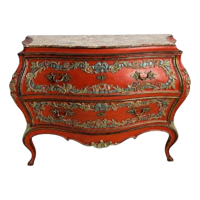 Shaped Red-Painted Commode with Marble Top For Sale
